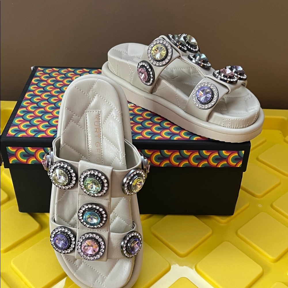 Kurt Geiger Orson Jeweled Sandal in Bone Combination Leather Sz 7 - Picture 2 of 16